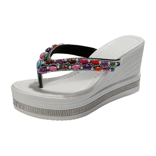 VBEDKDEB Keilabsatz Flip Flops Damen Keilsandalen Modische Plateau Rutschfeste Flip-Flops Strasssteine Bohemian Flipflops 2025 Sommer Retro Strand Zehentrenner (L, 42) von VBEDKDEB