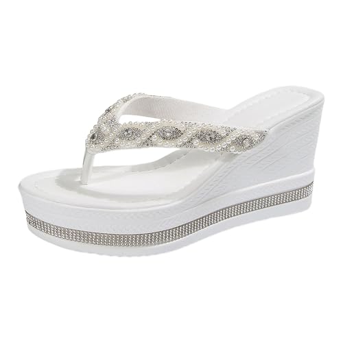 VBEDKDEB Keilabsatz Flip Flops Damen Keilsandalen Modische Plateau Rutschfeste Flip-Flops Strasssteine Bohemian Flipflops 2025 Sommer Retro Strand Zehentrenner (M, 38) von VBEDKDEB