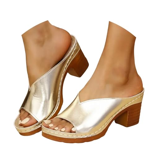 VBEDKDEB Keilabsatz Flip Flops Damen Offenem Zehen Blockabsatz Zehentrenner Elegant Leder Chunky Absatz Zehensandalen 2025 Sommer Lässige Rutschfeste High Heels Urlaub Sandalen (X-1-Gold, 42) von VBEDKDEB