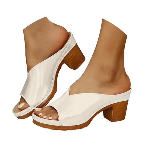 VBEDKDEB Keilabsatz Flip Flops Damen Offenem Zehen Blockabsatz Zehentrenner Elegant Leder Chunky Absatz Zehensandalen 2025 Sommer Lässige Rutschfeste High Heels Urlaub Sandalen (X-1-White, 37) von VBEDKDEB