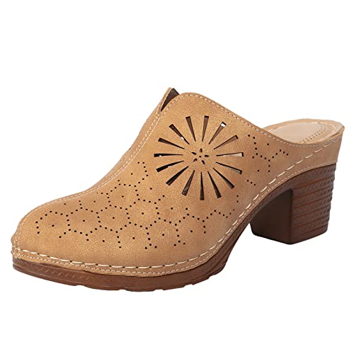 VBEDKDEB Keilabsatz Flip Flops Damen Offenem Zehen Blockabsatz Zehentrenner Elegant Leder Chunky Absatz Zehensandalen 2025 Sommer Lässige Rutschfeste High Heels Urlaub Sandalen (X-2-Brown, 40) von VBEDKDEB