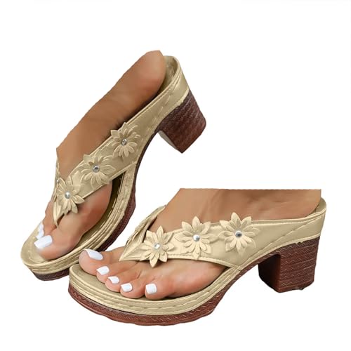 VBEDKDEB Keilabsatz Flip Flops Damen Offenem Zehen Blockabsatz Zehentrenner Elegant Leder Chunky Absatz Zehensandalen 2025 Sommer Lässige Rutschfeste High Heels Urlaub Sandalen (X-3-Gold, 39) von VBEDKDEB
