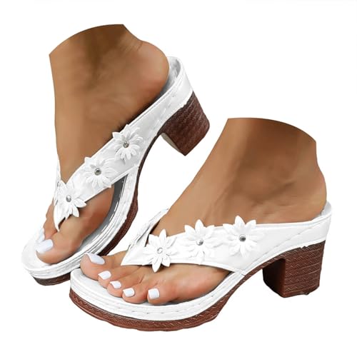 VBEDKDEB Keilabsatz Flip Flops Damen Offenem Zehen Blockabsatz Zehentrenner Elegant Leder Chunky Absatz Zehensandalen 2025 Sommer Lässige Rutschfeste High Heels Urlaub Sandalen (X-3-White, 43) von VBEDKDEB