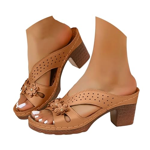 VBEDKDEB Keilabsatz Flip Flops Damen Offenem Zehen Blockabsatz Zehentrenner Elegant Leder Chunky Absatz Zehensandalen 2025 Sommer Lässige Rutschfeste High Heels Urlaub Sandalen (X-4-Brown, 39) von VBEDKDEB