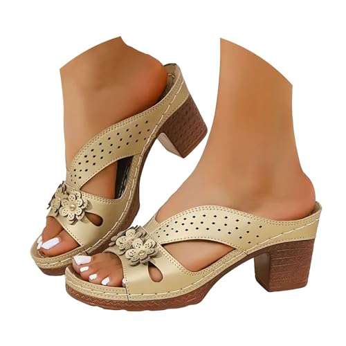 VBEDKDEB Keilabsatz Flip Flops Damen Offenem Zehen Blockabsatz Zehentrenner Elegant Leder Chunky Absatz Zehensandalen 2025 Sommer Lässige Rutschfeste High Heels Urlaub Sandalen (X-4-Gold, 38) von VBEDKDEB