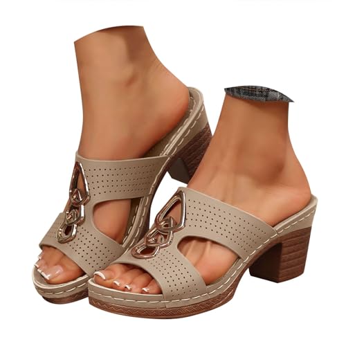 VBEDKDEB Keilabsatz Flip Flops Damen Offenem Zehen Blockabsatz Zehentrenner Elegant Leder Chunky Absatz Zehensandalen 2025 Sommer Lässige Rutschfeste High Heels Urlaub Sandalen (X-5-Beige, 41) von VBEDKDEB