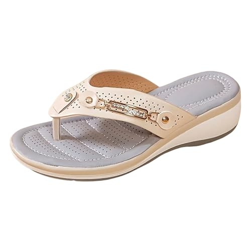 VBEDKDEB Keilabsatz Flip Flops Damen Sommer Dicke Sohle Hausschuhe Zehen Weiche Sohle Zehentrenner Leichte Massage Strandsandalen Zehensandalen Frühling Zehenstegsandalen (Beige, 40.5) von VBEDKDEB