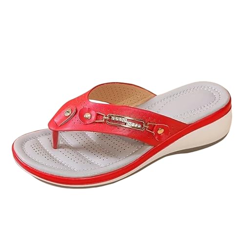 VBEDKDEB Keilabsatz Flip Flops Damen Sommer Dicke Sohle Hausschuhe Zehen Weiche Sohle Zehentrenner Leichte Massage Strandsandalen Zehensandalen Frühling Zehenstegsandalen (Red, 40) von VBEDKDEB