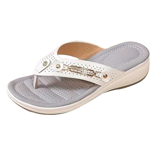 VBEDKDEB Keilabsatz Flip Flops Damen Sommer Dicke Sohle Hausschuhe Zehen Weiche Sohle Zehentrenner Leichte Massage Strandsandalen Zehensandalen Frühling Zehenstegsandalen (White, 37) von VBEDKDEB