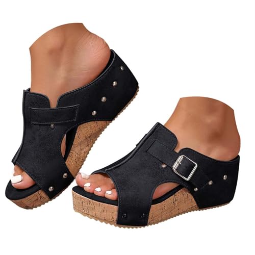 VBEDKDEB Keilabsatz Pantoletten Damen Plateau Keilsandalen Elegant Leder Bequeme Schlappen Offen Rutschfeste Slipper Lässige Nieten Latschen 2025 Sommer Strand Urlaub Sandalen (39) von VBEDKDEB
