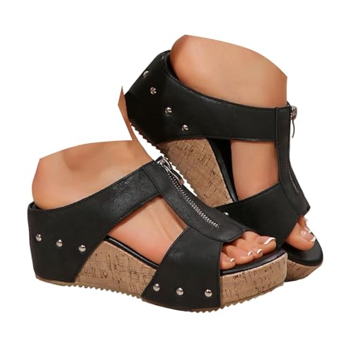 VBEDKDEB Keilabsatz Pantoletten Damen Plateau Keilsandalen Elegant Leder Bequeme Schlappen Offen Rutschfeste Slipper Lässige Nieten Latschen 2025 Sommer Strand Urlaub Sandalen (39) von VBEDKDEB