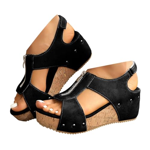 VBEDKDEB Keilabsatz Pantoletten Damen Plateau Keilsandalen Elegant Leder Bequeme Schlappen Offen Rutschfeste Slipper Lässige Nieten Latschen 2025 Sommer Strand Urlaub Sandalen (42) von VBEDKDEB