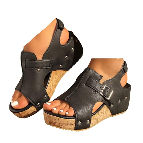 VBEDKDEB Keilabsatz Pantoletten Damen Plateau Keilsandalen Elegant Leder Bequeme Schlappen Offen Rutschfeste Slipper Lässige Nieten Latschen 2025 Sommer Strand Urlaub Sandalen (43) von VBEDKDEB