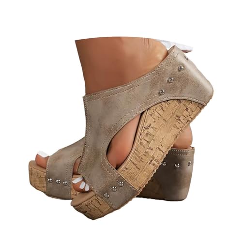VBEDKDEB Keilabsatz Pantoletten Damen plateau Keilsandalen Elegant Leder Bequeme Schlappen Offen Rutschfeste Slipper Lässige Nieten Latschen 2025 Sommer Strand Urlaub Sandalen (Grey, 40) von VBEDKDEB
