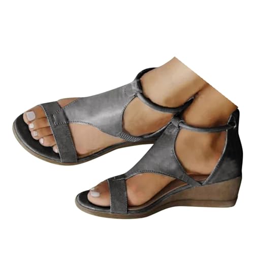 VBEDKDEB Keilabsatz Schuhe Damen Bequem Atmungsaktive Leder Sandalen Frauen Peeptoe Reißverschluss Hinten Rutschfeste Sandaletten 2025 Sommer Lässige Strand Reise Urlaub Wanderschuhe (Grey, 42) von VBEDKDEB