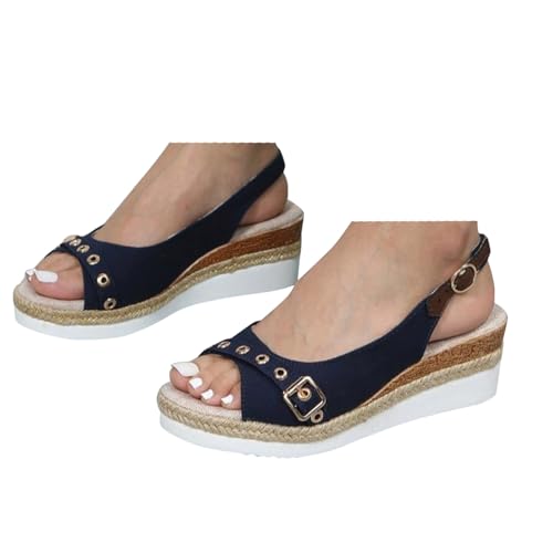 VBEDKDEB Keilabsatz Schuhe Damen Bequem Espadrilles Sandalen Peeptoe Verstellbaren Slingback Spangen Rutschfeste Sandaletten 2025 Sommer Lässige Wandersandalen Strand Reise Leinensandalen (Blue, 41) von VBEDKDEB