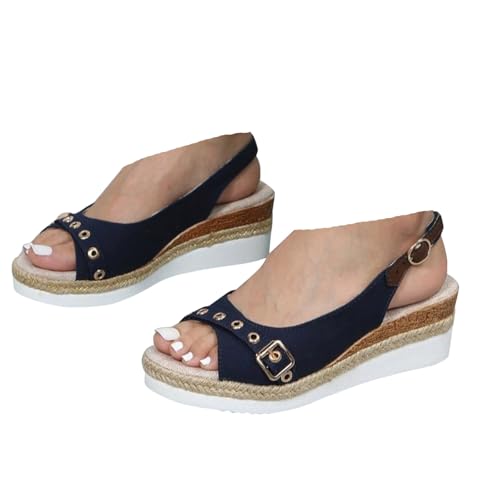 VBEDKDEB Keilabsatz Schuhe Damen Bequem Espadrilles Sandalen Peeptoe Verstellbaren Slingback Spangen Rutschfeste Sandaletten 2025 Sommer Lässige Wandersandalen Strand Reise Leinensandalen (Blue, 42) von VBEDKDEB