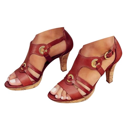 VBEDKDEB Keilabsatz Schuhe Damen Bequem Kitten Heel Sandalen 2025 Sommer Lässige Elegant Leder Sandaletten Strand Verstellbaren Riemchen Reise Urlaub Peeptoe Rutschfeste Wanderschuhe (Red, 38) von VBEDKDEB