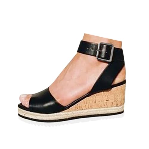 VBEDKDEB Keilabsatz Schuhe Damen Bequem Plateau Espadrilles Sandalen Frauen Peeptoe Verstellbaren Riemchen Rutschfeste Sandaletten 2025 Sommer Retro Lässige Strand Reise Urlaub Wanderschuhe (35.5) von VBEDKDEB