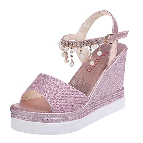 VBEDKDEB Keilabsatz Schuhe Damen Bequem Plateau Sandalen 2025 Sommer Elegant Glitzer Strass Perle Sandaletten Verstellbaren Riemchen Brautsandalen Reise Urlaub Peeptoe Rutschfeste Abendschuhe (40) von VBEDKDEB