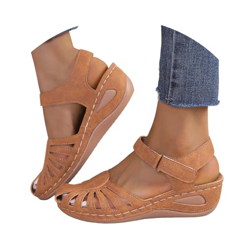VBEDKDEB Keilabsatz Schuhe Damen Bequeme Plateau Sandalen Elegant Geschlossener Zehen Walkingschuhe 2025 Sommer Lässige Urlaub Reise Strand Sandaletten mit Riemchen (Brown, 36) von VBEDKDEB