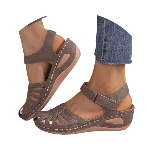 VBEDKDEB Keilabsatz Schuhe Damen Bequeme Plateau Sandalen Elegant Geschlossener Zehen Walkingschuhe 2025 Sommer Lässige Urlaub Reise Strand Sandaletten mit Riemchen (Coffee, 41) von VBEDKDEB