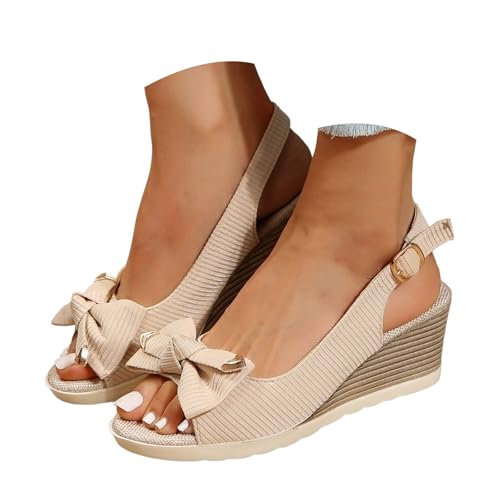 VBEDKDEB Keilabsatz Schuhe Damen Bequeme Verstellbaren Spangen Slingback Sandalen Elegant Schleife Wildleder Offen Sling Walkingsandalen 2025 Sommer Lässige Urlaub Reise Sandaletten (Beige, 40) von VBEDKDEB