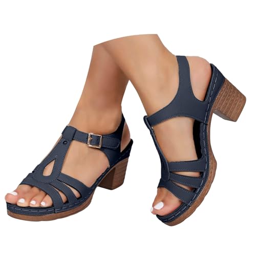 VBEDKDEB Keilabsatz Schuhe Damen Elegant Bequem Blockabsatz Sandalen 2025 Sommer Lässige Sandaletten Peeptoe Verstellbaren Riemchen Rutschfeste Arbeitssandalen für Strand Reise Urlaub (Blue, 40) von VBEDKDEB