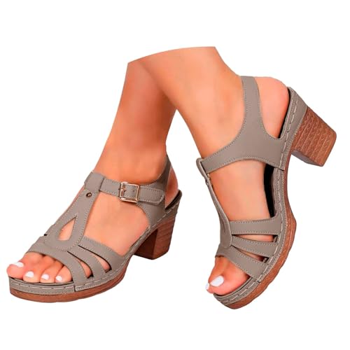 VBEDKDEB Keilabsatz Schuhe Damen Elegant Bequem Blockabsatz Sandalen 2025 Sommer Lässige Sandaletten Peeptoe Verstellbaren Riemchen Rutschfeste Arbeitssandalen für Strand Reise Urlaub (Coffee, 37) von VBEDKDEB