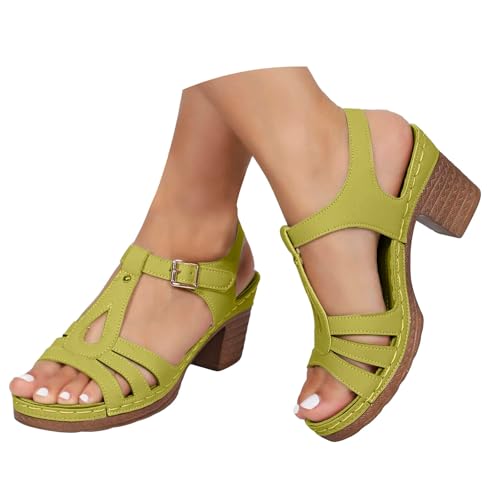 VBEDKDEB Keilabsatz Schuhe Damen Elegant Bequem Blockabsatz Sandalen 2025 Sommer Lässige Sandaletten Peeptoe Verstellbaren Riemchen Rutschfeste Arbeitssandalen für Strand Reise Urlaub (Green, 39) von VBEDKDEB