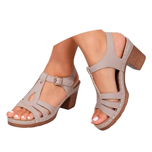 VBEDKDEB Keilabsatz Schuhe Damen Elegant Bequem Blockabsatz Sandalen 2025 Sommer Lässige Sandaletten Peeptoe Verstellbaren Riemchen Rutschfeste Arbeitssandalen für Strand Reise Urlaub (Khaki, 37) von VBEDKDEB