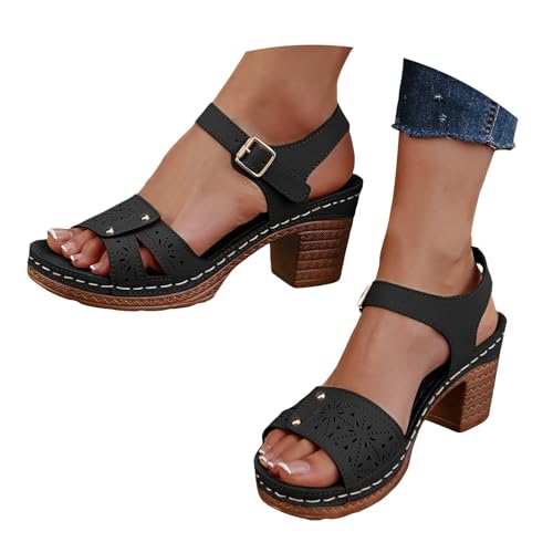VBEDKDEB Keilabsatz Schuhe Damen Elegant Bequem Blockabsatz Sandalen 2025 Sommer Lässige Sandaletten Strand Reise Urlaub Peeptoe Verstellbaren Riemchen Rutschfeste Arbeitssandalen (36) von VBEDKDEB