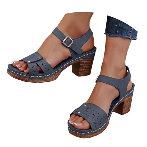 VBEDKDEB Keilabsatz Schuhe Damen Elegant Bequem Blockabsatz Sandalen 2025 Sommer Lässige Sandaletten Strand Reise Urlaub Peeptoe Verstellbaren Riemchen Rutschfeste Arbeitssandalen (Blue, 38) von VBEDKDEB