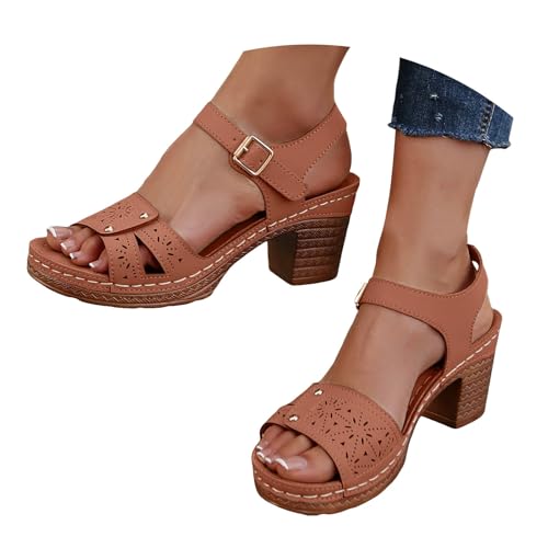 VBEDKDEB Keilabsatz Schuhe Damen Elegant Bequem Blockabsatz Sandalen 2025 Sommer Lässige Sandaletten Strand Reise Urlaub Peeptoe Verstellbaren Riemchen Rutschfeste Arbeitssandalen (Brown, 37) von VBEDKDEB