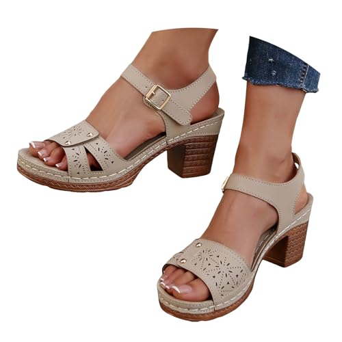 VBEDKDEB Keilabsatz Schuhe Damen Elegant Bequem Blockabsatz Sandalen 2025 Sommer Lässige Sandaletten Strand Reise Urlaub Peeptoe Verstellbaren Riemchen Rutschfeste Arbeitssandalen (White, 37) von VBEDKDEB