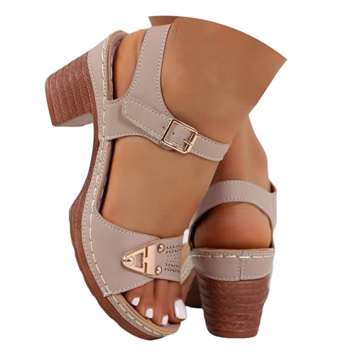 VBEDKDEB Keilabsatz Schuhe Damen Elegant Bequem Blockabsatz Sandaletten 2025 Sommer Lässige Arbeitssandalen Offen Verstellbaren Riemchen Rutschfeste Sandalen für Strand Reise Urlaub (Khaki, 37) von VBEDKDEB