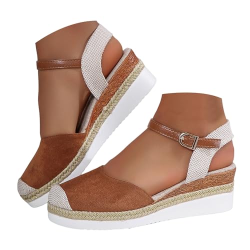 VBEDKDEB Keilabsatz Schuhe Damen Elegant Bequeme Plateau Espadrilles Leinensandalen Vorne Geschlossen Rutschfeste Verstellbaren Riemen Spangen Sandalen 2025 Lässige Reise Sandaletten (L-1-Brown, 37) von VBEDKDEB