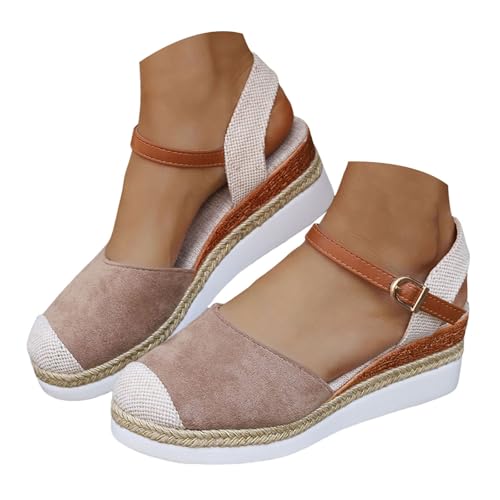 VBEDKDEB Keilabsatz Schuhe Damen Elegant Bequeme Plateau Espadrilles Leinensandalen Vorne Geschlossen Rutschfeste Verstellbaren Riemen Spangen Sandalen 2025 Lässige Reise Sandaletten (L-1-Khaki, 40) von VBEDKDEB