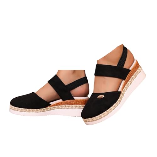 VBEDKDEB Keilabsatz Schuhe Damen Elegant Bequeme Plateau Espadrilles Leinensandalen Vorne Geschlossen Rutschfeste Verstellbaren Riemen Spangen Sandalen 2025 Lässige Reise Sandaletten (L-3-Schwarz,43) von VBEDKDEB