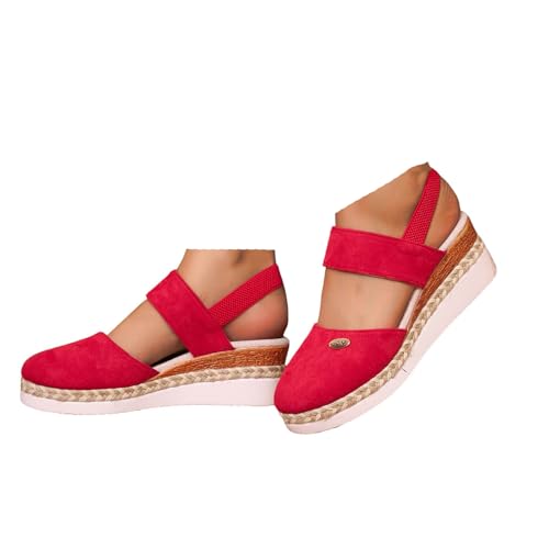 VBEDKDEB Keilabsatz Schuhe Damen Elegant Bequeme Plateau Espadrilles Leinensandalen Vorne Geschlossen Rutschfeste Verstellbaren Riemen Spangen Sandalen 2025 Lässige Reise Sandaletten (L-3-Red, 43) von VBEDKDEB