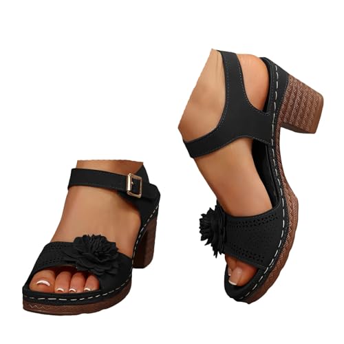 VBEDKDEB Keilabsatz Schuhe Damen Elegant Blumen Bequem Blockabsatz Sandalen 2025 Sommer Lässige Sandaletten Peeptoe Verstellbaren Riemchen Rutschfeste Arbeitssandalen für Strand Reise Urlaub (37.5) von VBEDKDEB