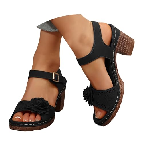 VBEDKDEB Keilabsatz Schuhe Damen Elegant Blumen Bequem Blockabsatz Sandalen 2025 Sommer Lässige Sandaletten Peeptoe Verstellbaren Riemchen Rutschfeste Arbeitssandalen für Strand Reise Urlaub (40.5) von VBEDKDEB