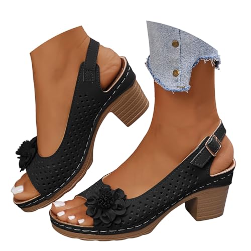VBEDKDEB Keilabsatz Schuhe Damen Elegant Blumen Bequem Blockabsatz Sandalen 2025 Sommer Lässige Verstellbaren Slingback Sandaletten Strand Reise Urlaub Peeptoe Rutschfeste Arbeitssandalen (40.5) von VBEDKDEB