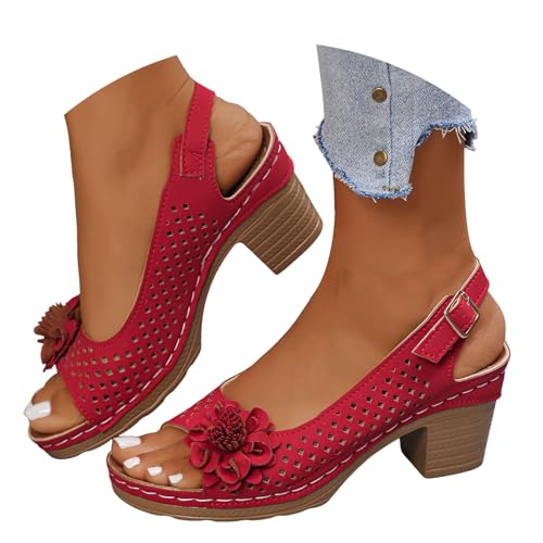 VBEDKDEB Keilabsatz Schuhe Damen Elegant Blumen Bequem Blockabsatz Sandalen 2025 Sommer Lässige Verstellbaren Slingback Sandaletten Strand Reise Urlaub Peeptoe Rutschfeste Arbeitssandalen (Red, 41) von VBEDKDEB