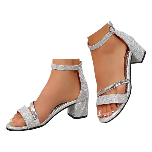 VBEDKDEB Keilabsatz Schuhe Damen Elegant Glitzer Strass Sandalen 2025 Sommer Blockabsatz Sandaletten Reise Urlaub Peeptoe Chunky Absatz Rutschfeste Abendsandalen mit Verstellbaren Riemchen (41) von VBEDKDEB