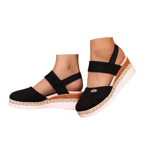 VBEDKDEB Keilabsatz Schuhe Damen Elegant Leder Bequeme Espadrilles Vorne Geschlossen Rutschfeste Elastisch Slingback Sandalen 2025 Sommer Lässige Urlaub Reise Sandaletten mit Riemchen (41) von VBEDKDEB