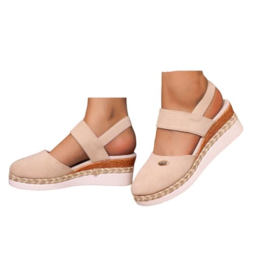 VBEDKDEB Keilabsatz Schuhe Damen Elegant Leder Bequeme Espadrilles Vorne Geschlossen Rutschfeste Elastisch Slingback Sandalen 2025 Sommer Lässige Urlaub Reise Sandaletten mit Riemchen (Beige, 40.5) von VBEDKDEB