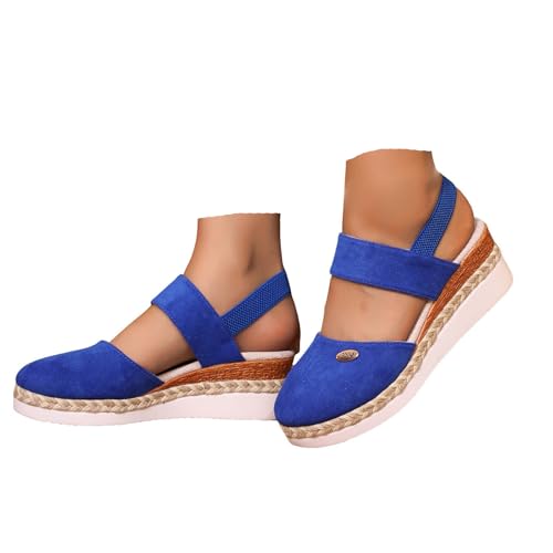 VBEDKDEB Keilabsatz Schuhe Damen Elegant Leder Bequeme Espadrilles Vorne Geschlossen Rutschfeste Elastisch Slingback Sandalen 2025 Sommer Lässige Urlaub Reise Sandaletten mit Riemchen (Blue, 37) von VBEDKDEB