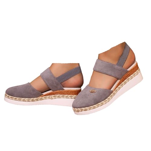 VBEDKDEB Keilabsatz Schuhe Damen Elegant Leder Bequeme Espadrilles Vorne Geschlossen Rutschfeste Elastisch Slingback Sandalen 2025 Sommer Lässige Urlaub Reise Sandaletten mit Riemchen (Grey, 41) von VBEDKDEB