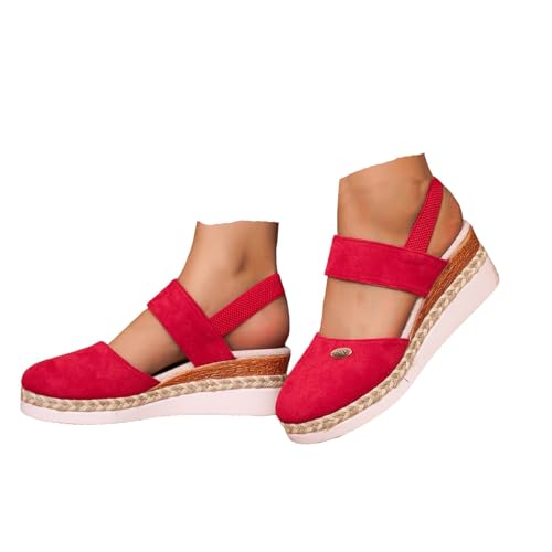 VBEDKDEB Keilabsatz Schuhe Damen Elegant Leder Bequeme Espadrilles Vorne Geschlossen Rutschfeste Elastisch Slingback Sandalen 2025 Sommer Lässige Urlaub Reise Sandaletten mit Riemchen (Red, 43) von VBEDKDEB